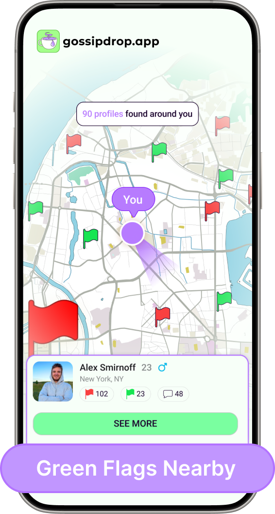 Find trusted people nearby with green flags on GossipDrop